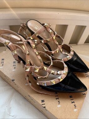 Studded Two-Tone Pointed Toe Slingback Heels - Black & Nude